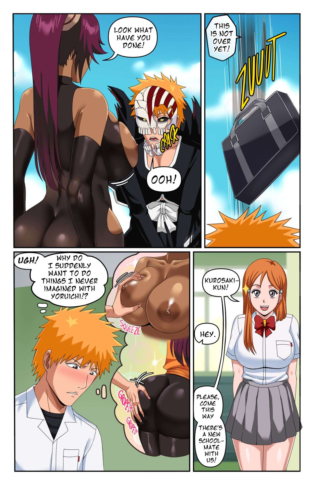 Blanqueado: El gran pene de Ichigo folla a Yoruichi y Rangiku de pechos grandes - Image 5