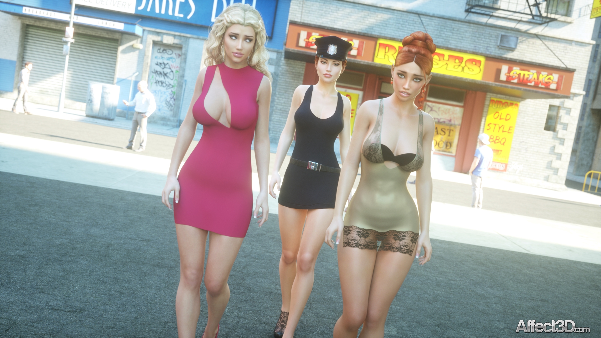 Policial futa e amiga fodem ruiva gostosa na rua em dupla