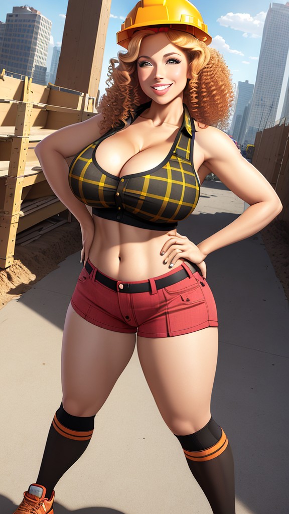 **muscular big-bust construction girls flaunt six-pack abs**