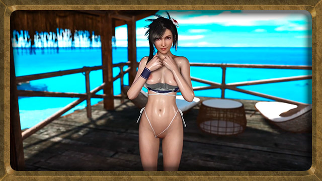 Wet tifa lockhart dancing in lowered bikini on beach