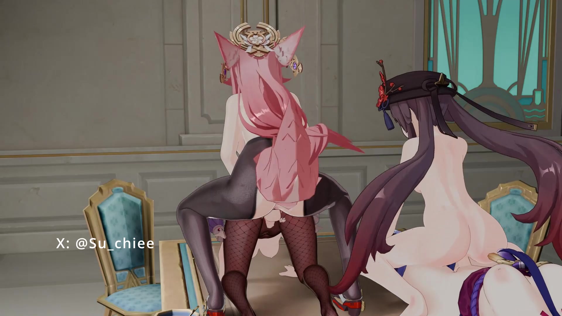 хентай genshin: ху тао, райден, яэ и мона в эротическом фуроре