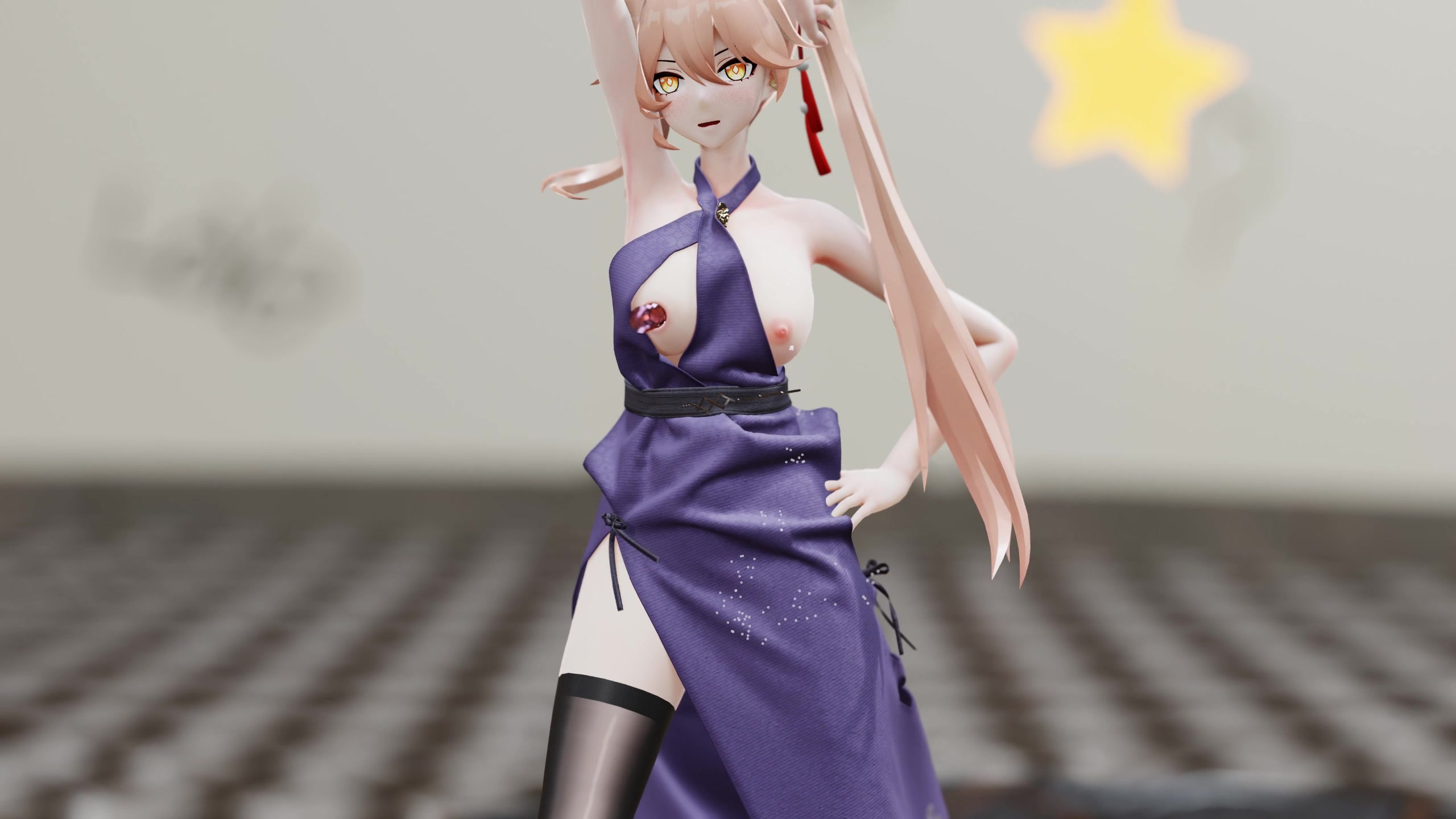 Guinaifen en qipao, insertion mamelon, ventre proéminent, calcul tissu