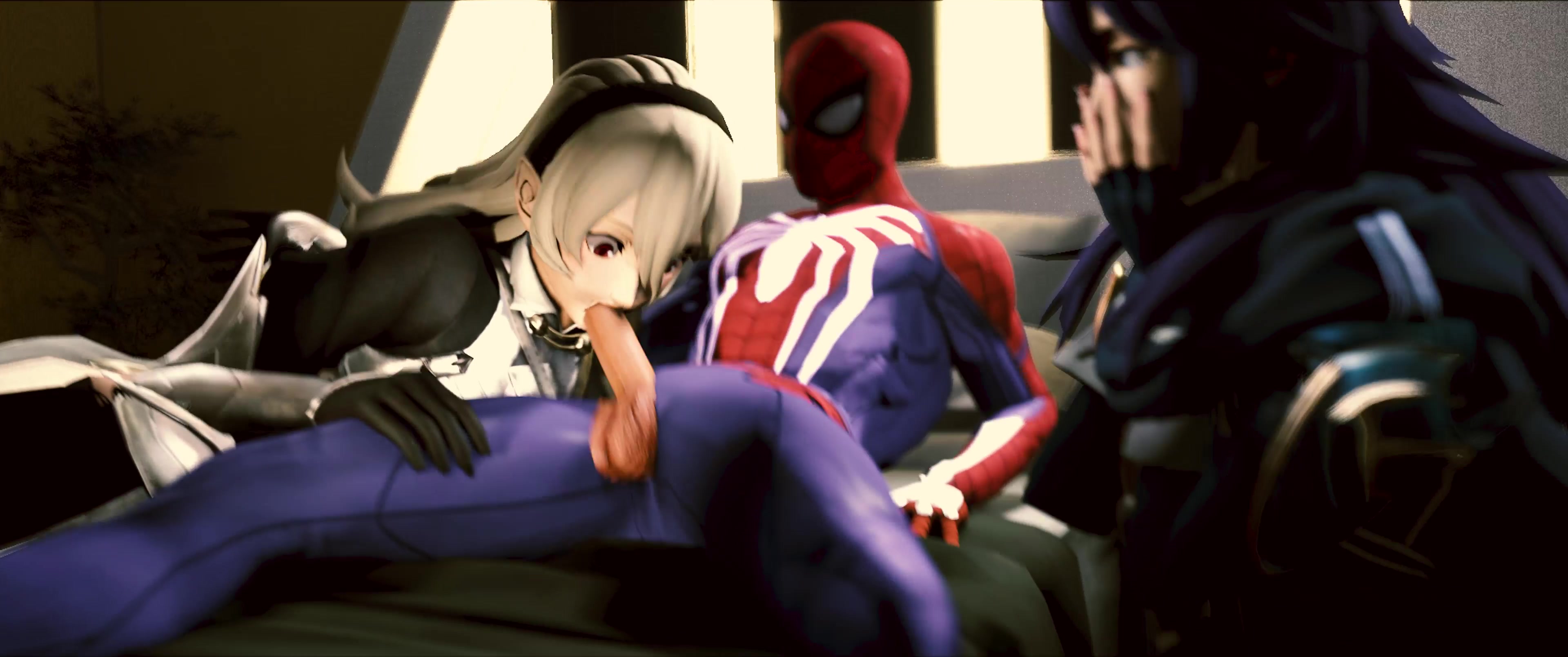 スパイダーマンがコリンとルキナの熱いふたなり触手吸いを覗く