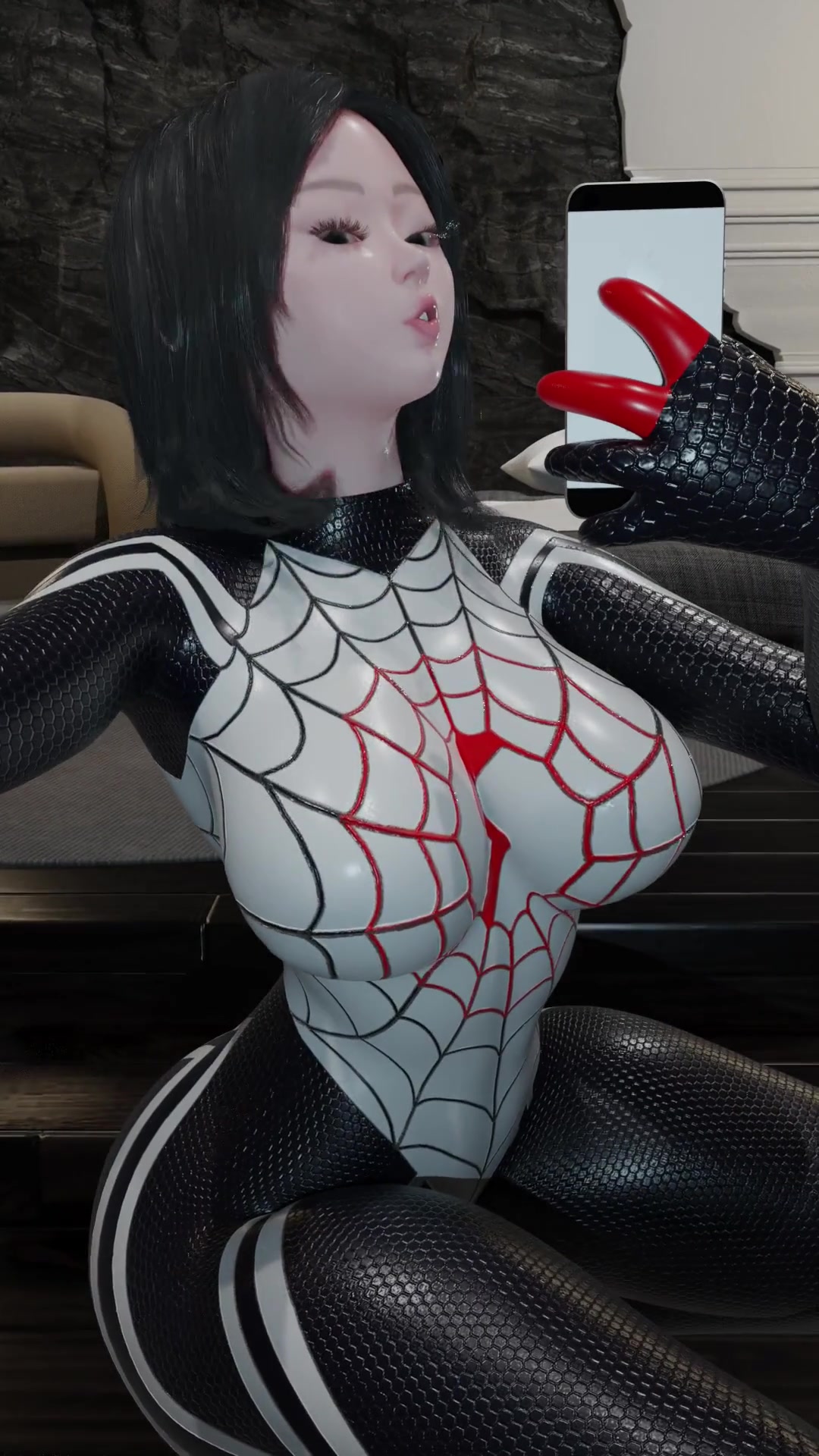 Teasing silk at the mirror