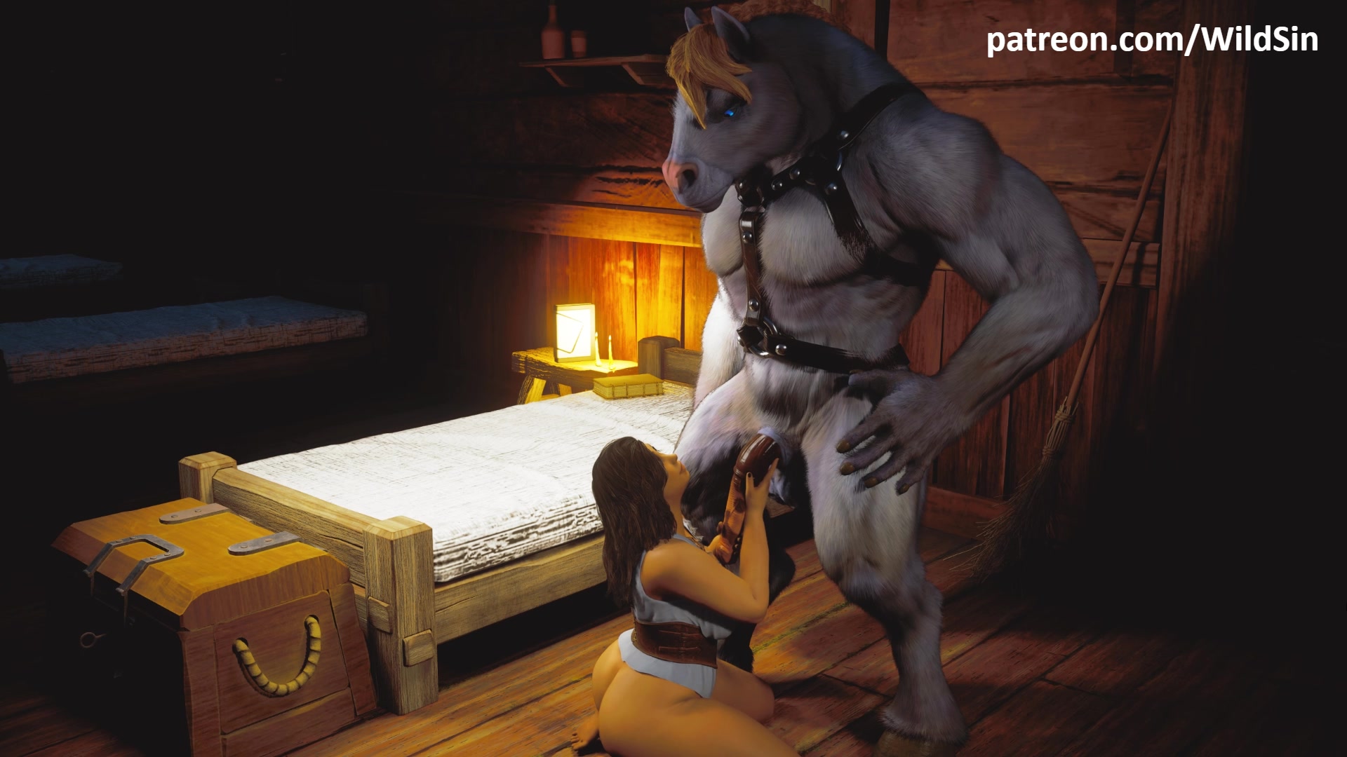 गोल-मटोल लड़की आरामदायक कमरे में विशाल घोड़े के लंड पर सवारी करती है