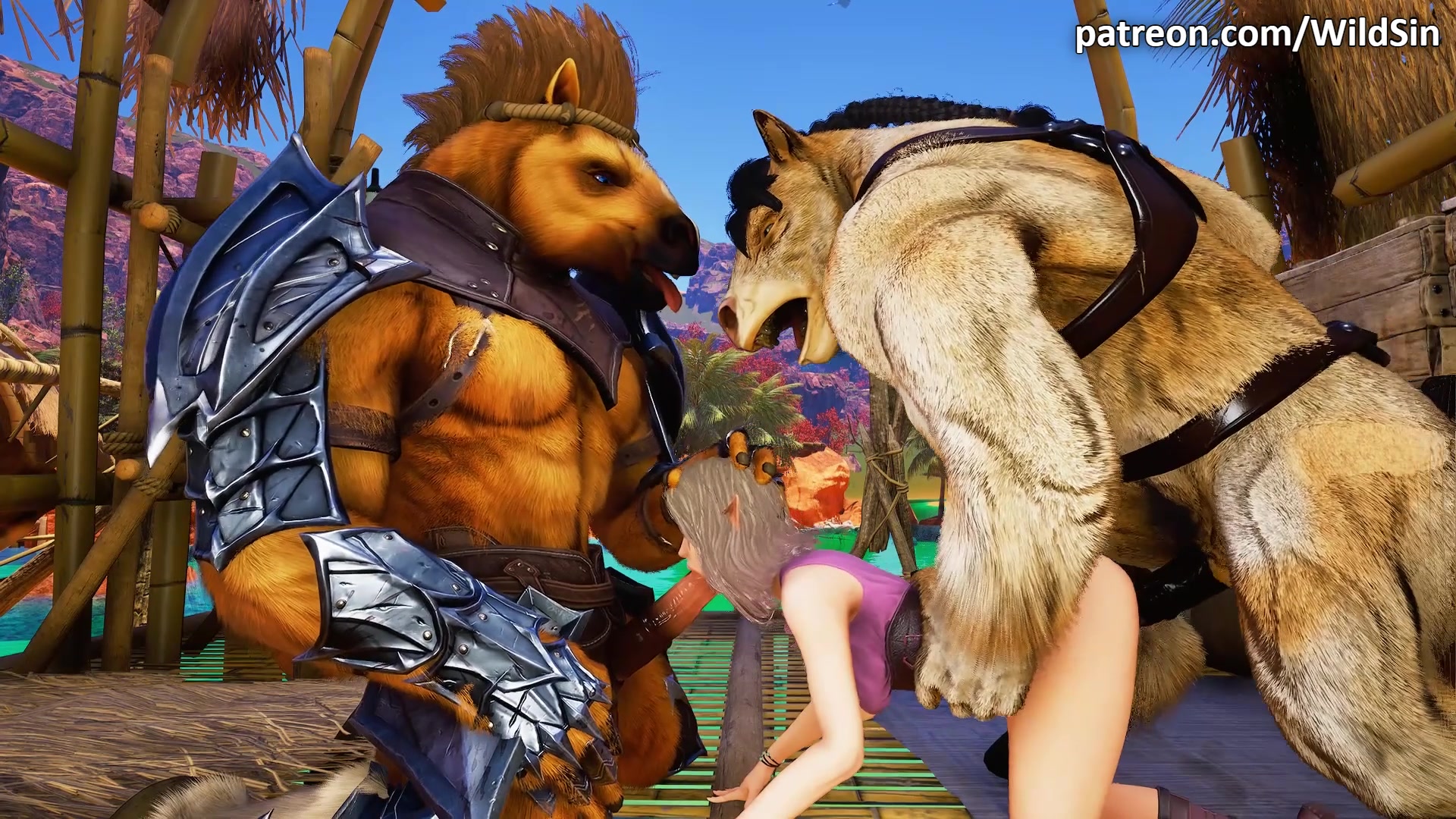 Sexy elf in pink enjoys threesome with 2 horses