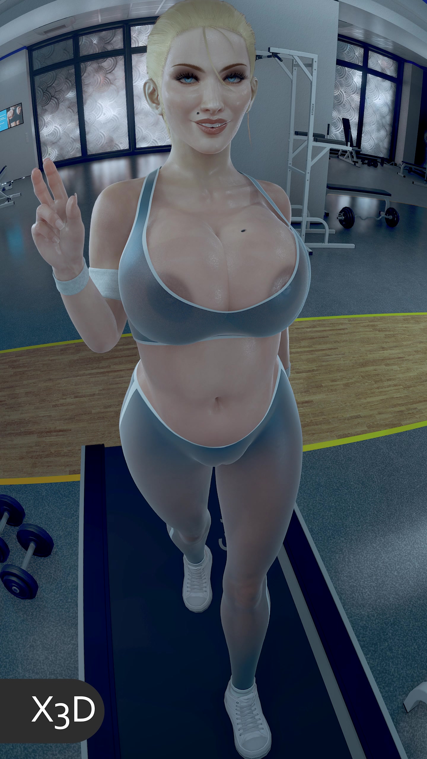 Samus de roupa de ginástica, treino erótico na esteira