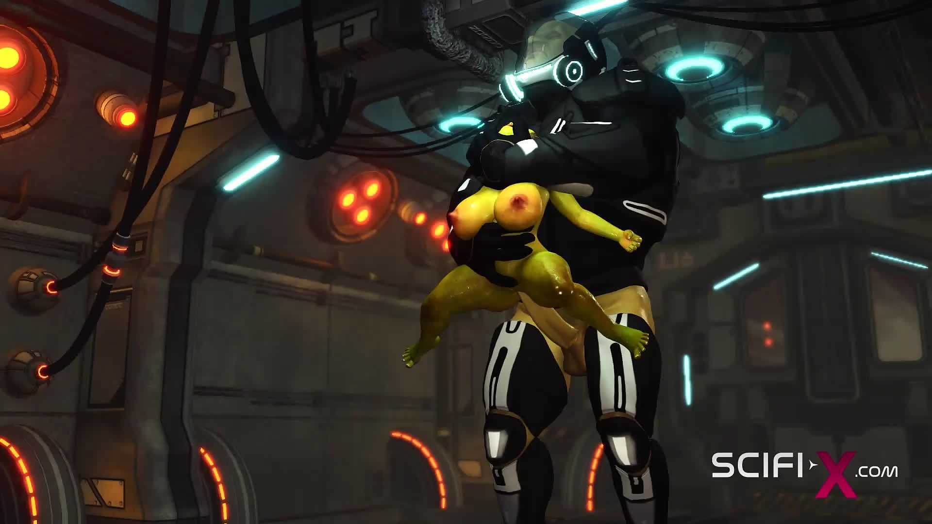 فتاة فضائية خضراء تُنَكّ من قضيب ضخم على سفينة نجمية