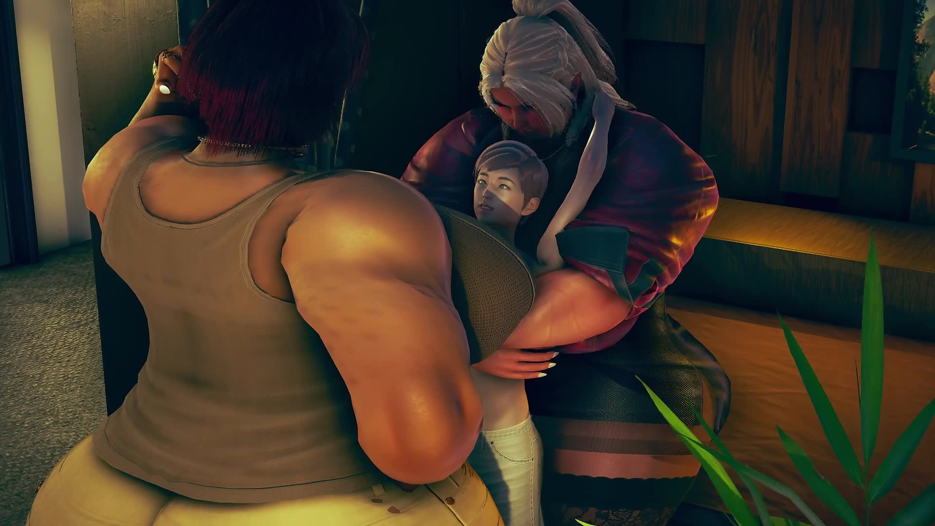 رجل قصير يُمصّ من قبل مديراته العضلاتيات الطويلات