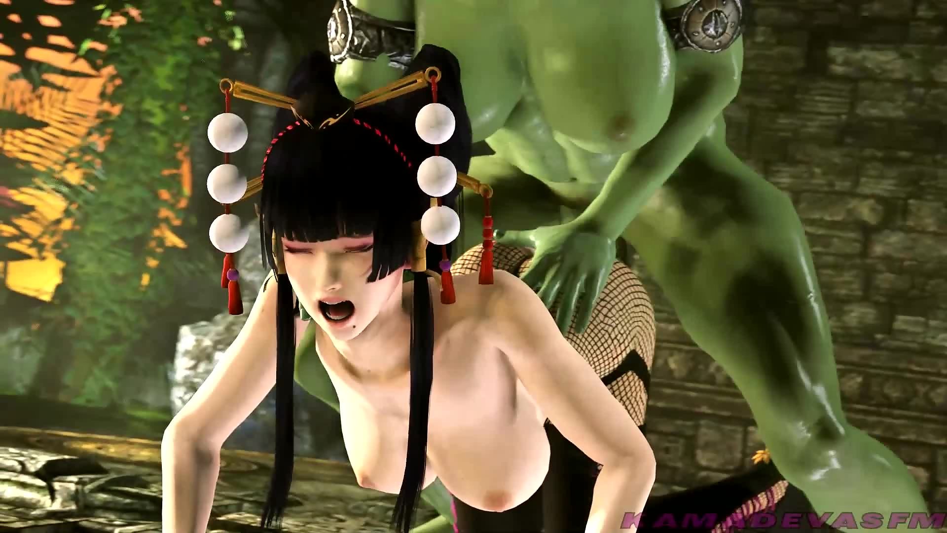 Nyotengu takes a big orc futanari cock in her mouth