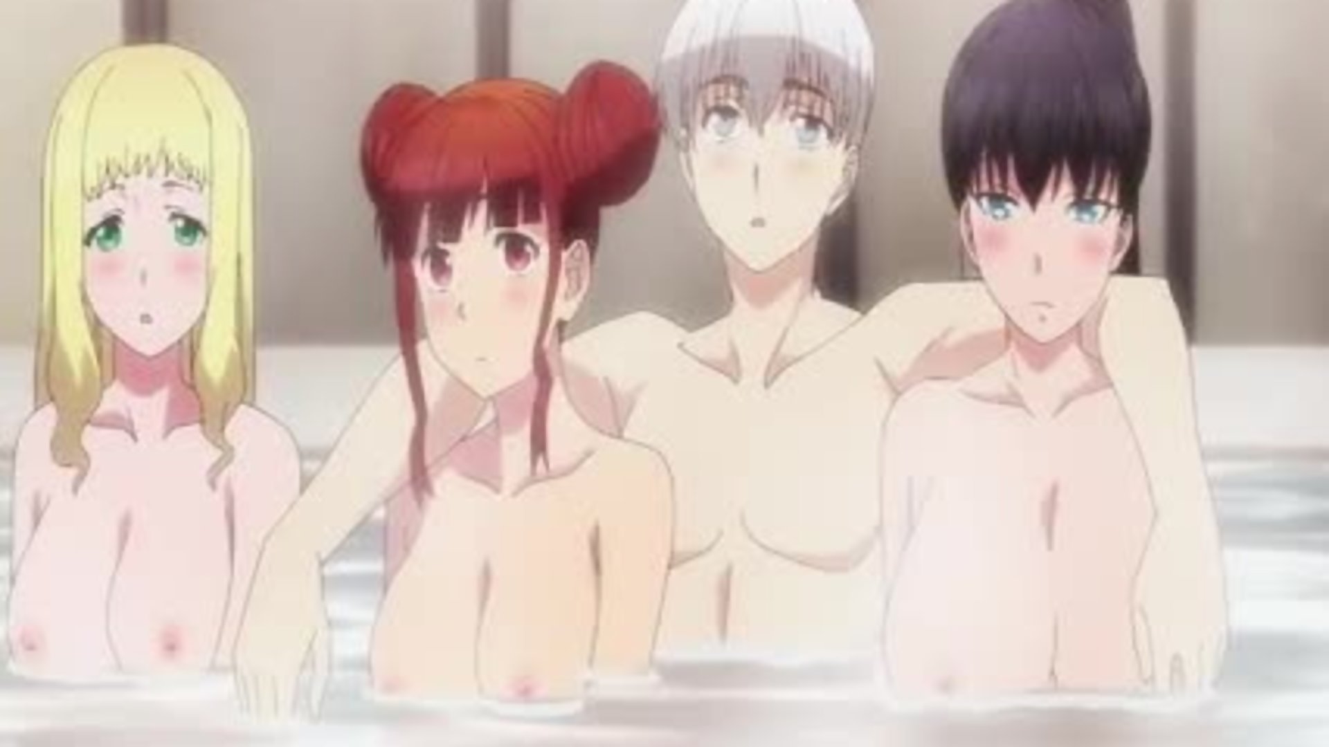 Erotik-anime harem: drei girls duschen typen mit titten ab
