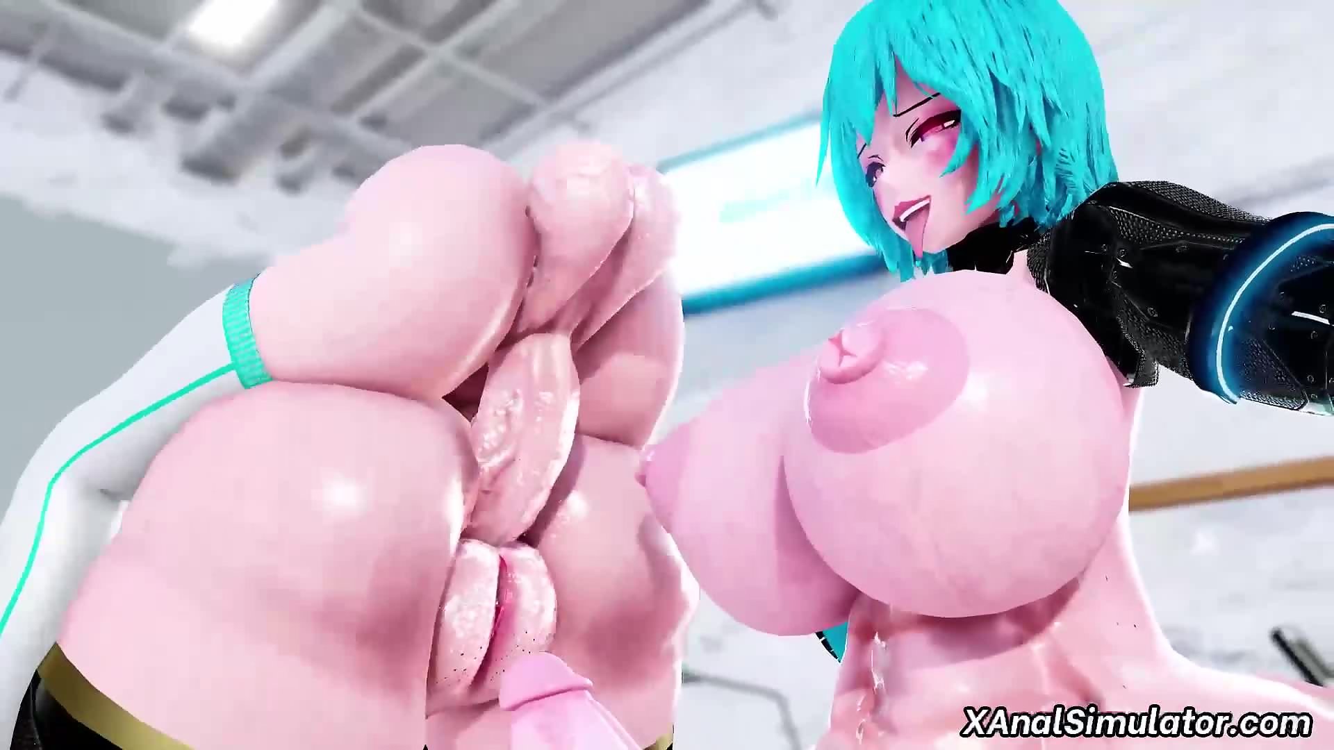 Muscular futanari girls intense anal sex in gym