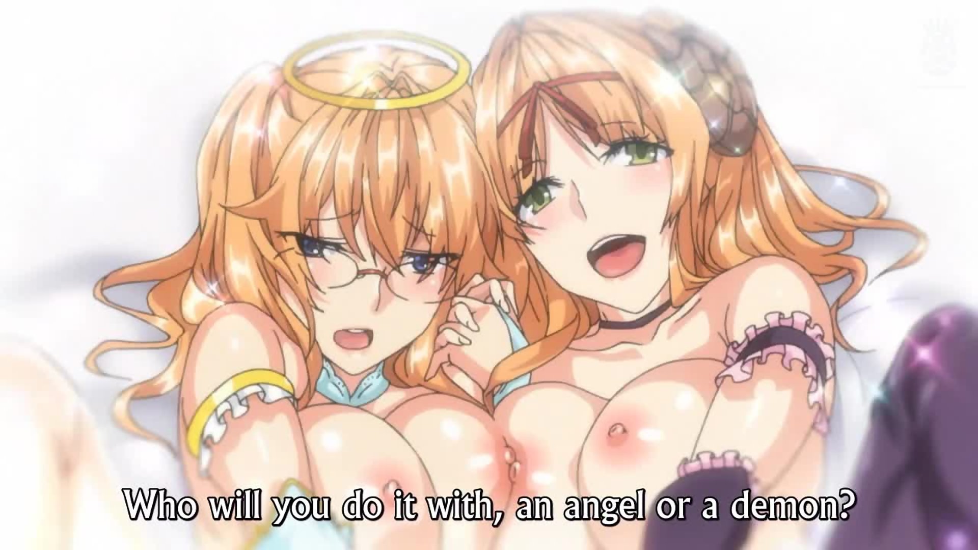 Busty angel & devil hentai students share double blowjob